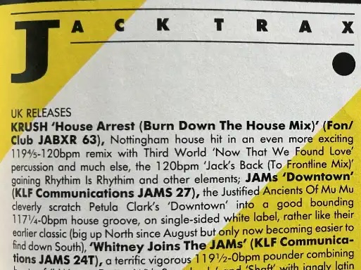 A James Hamilton column listing new releases and their BPMs in Jock magazine.