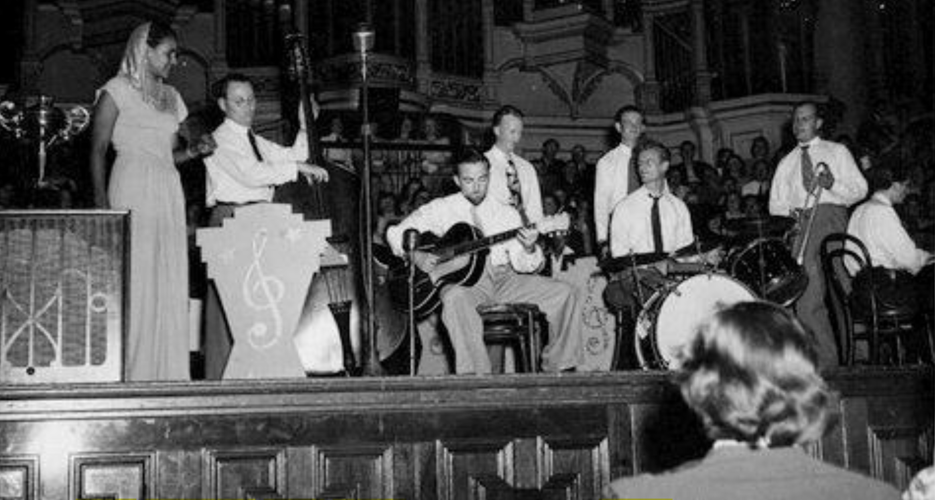The Port Jackson Jazz Band pictured in 1948 during the Battle of the Bands. Singer Georgia Lee, with Bruce Higginbotham, Ray Price, Bob Cruickshanks, Ken Flannery, Clive Whitcombe, Bob Rowan, Jimmy Somerville.